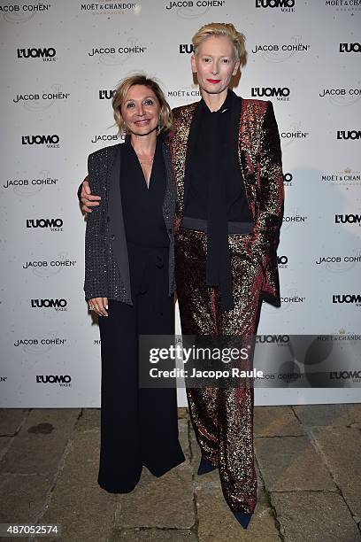 Silvia Damiani and Tilda Swinton attend the 'Being The Protagonist' Party hosted By L'Uomo Vogue during the 72nd Venice Film Festival at San Clemente...