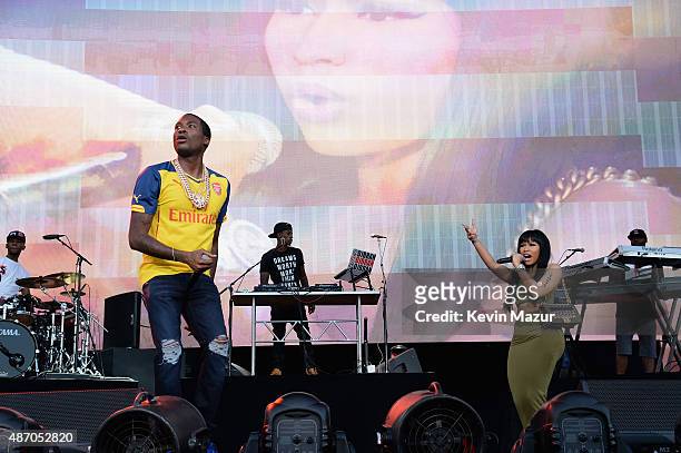 Meek Mill performs with surprise guest Nicki Minaj onstage during the 2015 Budweiser Made in America Festival at Benjamin Franklin Parkway on...