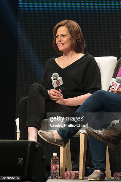 Actor Sigourney Weaver reunites with her "Aliens" cast members to celebrate their iconic film at the panel discussion "Aliens Exposed" during the...