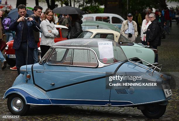 The three-wheeled microcar "Messerschmitt KR200" manufactured in the year 1952 is displayed during the "Drive it day" In Cologne, western Germany, on...