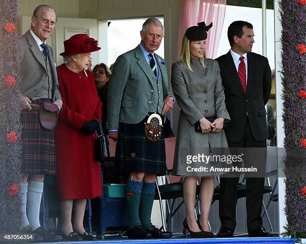 Prince Philip, Duke of Edinburgh, Queen Elizabeth ll, Prince Charles, Prince of Wales, Autumn Phillips and Peter Phillips attend the Braemar Highland...