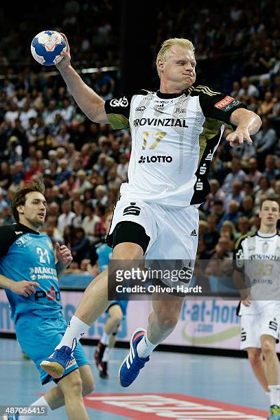 Patrick Wiencek of Kiel in action during the Velux EHF Champions League quarter final handball match between THW Kiel and MKD HC Metalurg Skopje at...