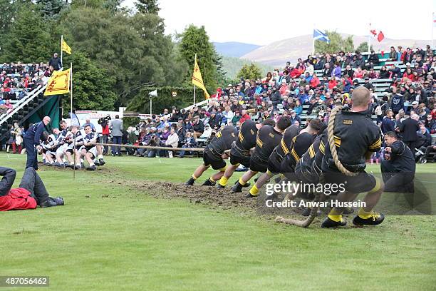 Tug of War teams take part in the Braemar Highland Games on September 05, 2015 in Braemar, Scotland. There has been an annual gathering at Braemar,...