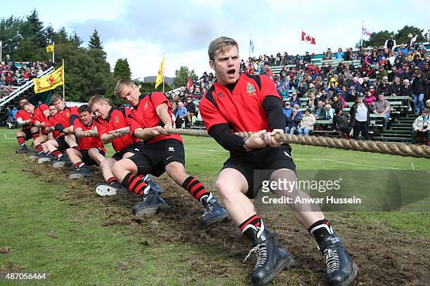Tug of War teams take part in the Braemar Highland Games on September 05, 2015 in Braemar, Scotland. There has been an annual gathering at Braemar,...