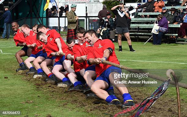 Tug of War teams take part in the Braemar Highland Games on September 05, 2015 in Braemar, Scotland. There has been an annual gathering at Braemar,...