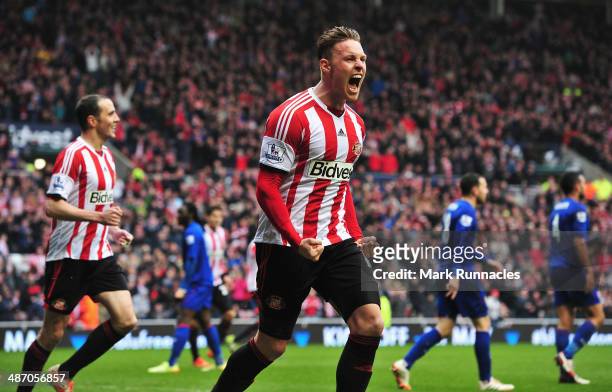 Connor Wickham of Sunderland celebrates scoring his second goal during the Barclays Premier League match between Sunderland and Cardiff City at the...