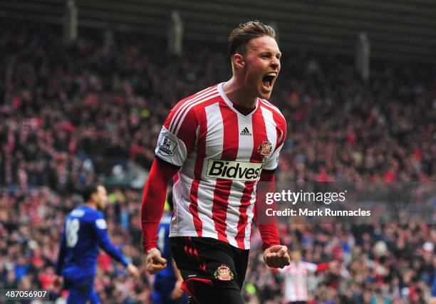 Connor Wickham of Sunderland celebrates scoring his second goal during the Barclays Premier League match between Sunderland and Cardiff City at the...