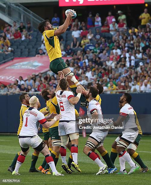 Kane Douglas of the Australia Wallabies handles a line out ball against the United States Eagles during a match at Soldier Field on September 5, 2015...