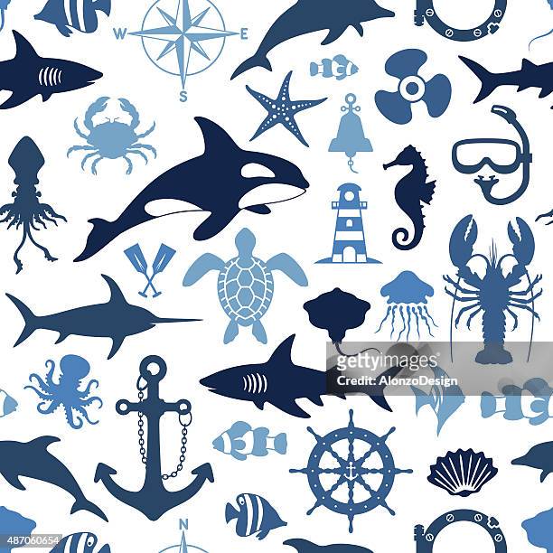 ilustrações, clipart, desenhos animados e ícones de sea life padrão - arraia peixe