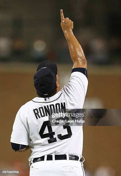 Bruce Rondon of the Detroit Tigers celebrate the final out and win over the Cleveland Indians on September 5, 2015 at Comerica Park in Detroit,...