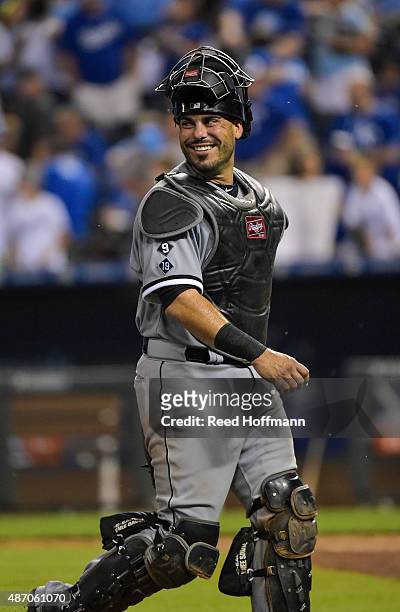 Geovany Soto of the Chicago White Sox was all smiles leaving the field after their 6-1 win over the Kansas City Royals during a game at Kauffman...