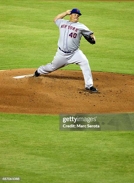 Pitcher Bartolo Colon of the New York Mets throws against the Miami Marlins at Marlins Park on September 5, 2015 in Miami, Florida. Colon threw a...