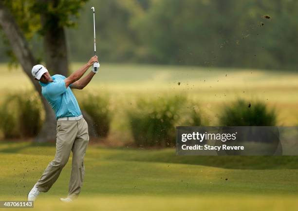 Shawn Stefani plays a shot on the 1st during the Final Round of the Zurich Classic of New Orleans at TPC Louisiana on April 27, 2014 in Avondale,...