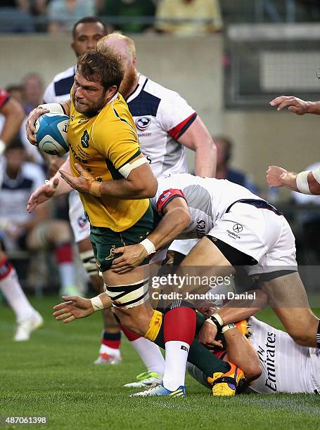 Ben McCalman of the Australia Wallabies tries to advance the ball against the United States Eagles during a match at Soldier Field on September 5,...