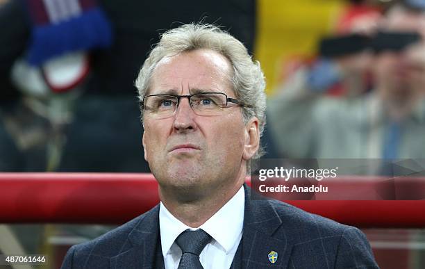 Erik Hamren head coach of Sweden during the UEFA Euro 2016 qualifying round Group G football match at Otkritie stadium in Moscow, Russia on September...