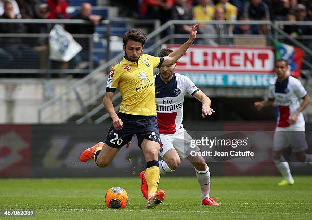 Sanjin Prcic of Sochaux in action during the French Ligue 1 match between FC Sochaux Montbeliard and Paris Saint-Germain FC at Stade Bonal on April...