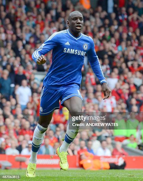 Chelsea's French-born Senegalese striker Demba Ba celebrates scoring the opening goal during the English Premier League football match between...