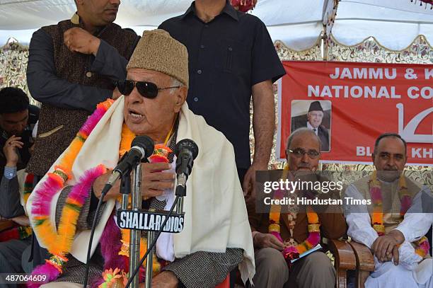 Union Minister Farooq Abdullah along with party senior leaders during an election rally at Khanyar on April 27, 2014 in Srinagar, India. During a...