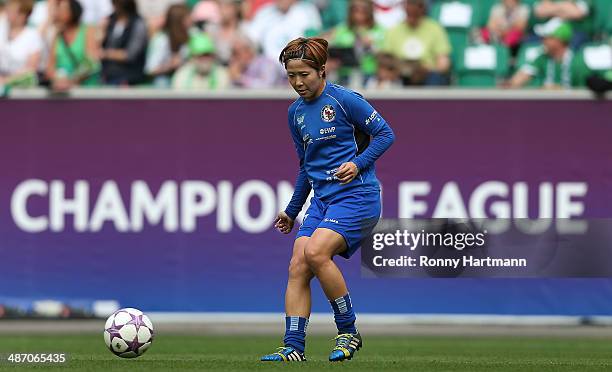 Asano Nagasato of Potsdam warms up prior to the second UEFA Women's Champions League semi final match between VfL Wolfsburg and 1. FFC Turbine...