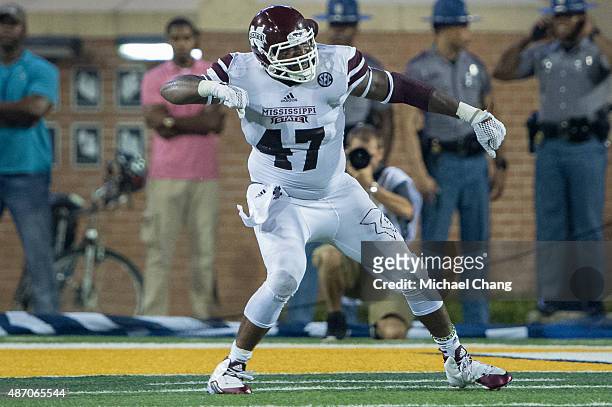 Defensive lineman A.J. Jefferson of the Mississippi State Bulldogs celebrates after a big play on September 5, 2015 at M.M. Roberts Stadium in...