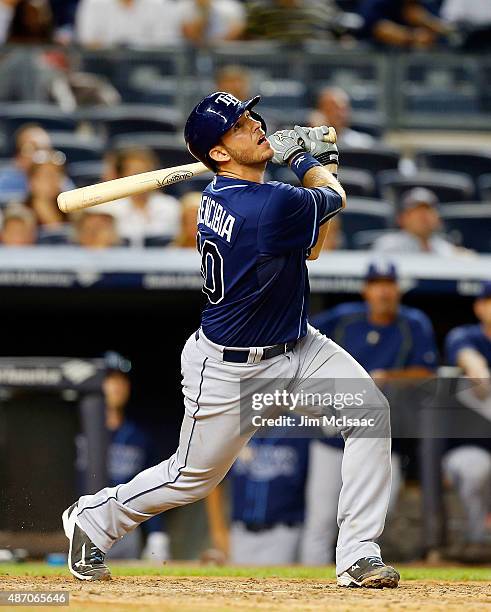 Arencibia of the Tampa Bay Rays in action against the New York Yankees at Yankee Stadium on September 4, 2015 in the Bronx borough of New York City....