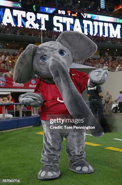 The Alabama Crimson Tide mascot Big Al performs as Alabama takes on the Wisconsin Badgers during The Advocare Classic at AT&T Stadium on September 5,...