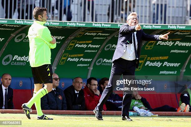 Cagliari's coach Ivo Pulga reacts during the Serie A match between Cagliari Calcio and Parma FC at Stadio Sant'Elia on April 27, 2014 in Cagliari,...