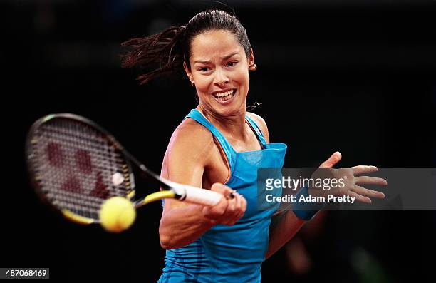 Ana Ivanovic of Serbia hits a forehand during the final against Maria Sharapova of Russia on day seven of the Porsche Tennis Grand Prix 2014 at...
