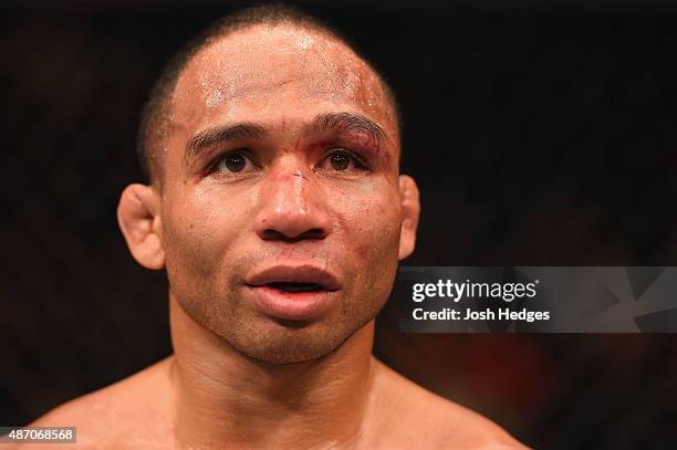 John Dodson reacts after his flyweight championship bout during the UFC 191 event inside MGM Grand Garden Arena on September 5, 2015 in Las Vegas,...