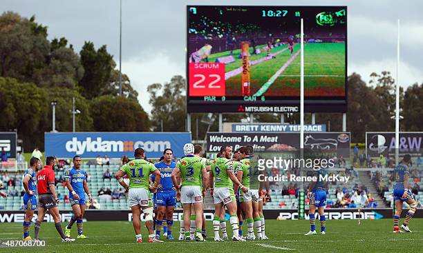 The scrum clock counts down during the round 26 NRL match between the Parramatta Eels and the Canberra Raiders at Pirtek Stadium on September 6, 2015...