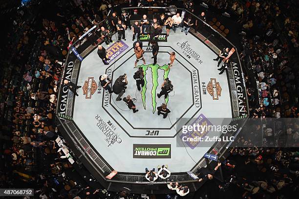 An overhead view of the Octagon as Demetrious Johnson reacts to his victory over John Dodson during the UFC 191 event inside MGM Grand Garden Arena...