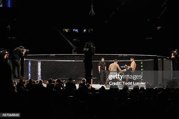 View of the Octagon as Andrei Arlovski kicks Frank Mir during the UFC 191 event inside MGM Grand Garden Arena on September 5, 2015 in Las Vegas,...