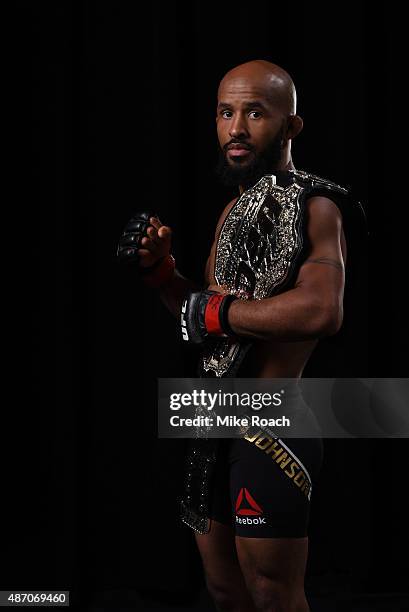 Flyweight champion Demetrious Johnson poses for a portrait backstage during the UFC 191 event inside MGM Grand Garden Arena on September 5, 2015 in...