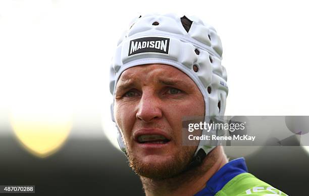 Raiders captain Jarrod Croker looks on during the round 26 NRL match between the Parramatta Eels and the Canberra Raiders at Pirtek Stadium on...