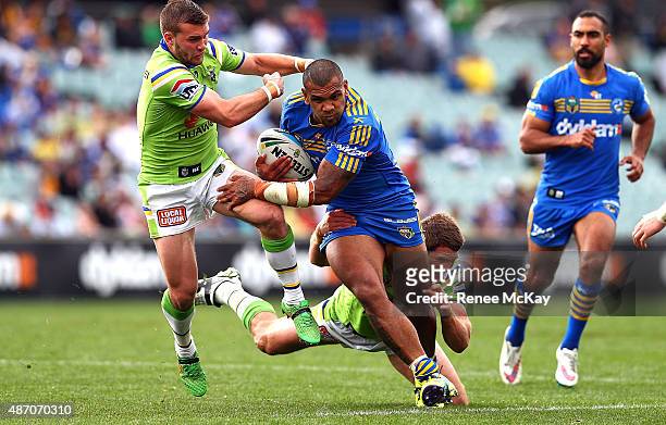 Manu Ma'u of the Eels on the charge during the round 26 NRL match between the Parramatta Eels and the Canberra Raiders at Pirtek Stadium on September...