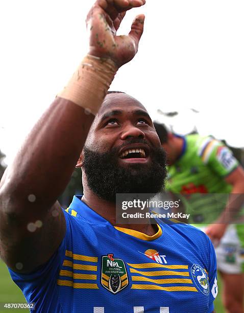 Semi Radradra of the Eels celebrates his 24th try of the season during the round 26 NRL match between the Parramatta Eels and the Canberra Raiders at...