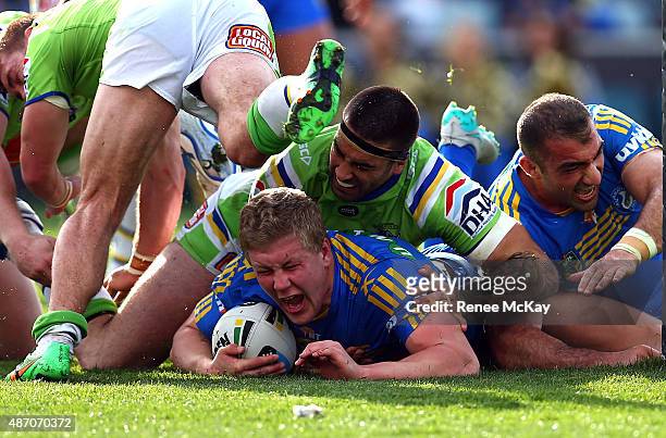 Daniel Alvaro of the Eels celebrates his try during the round 26 NRL match between the Parramatta Eels and the Canberra Raiders at Pirtek Stadium on...