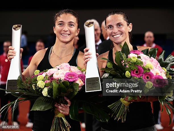 Sara Errani and Roberta Vinci of Italy pose with their trophys after victory in the womens doubles final over Cara Black of Zimbabwe and Sania Mirza...