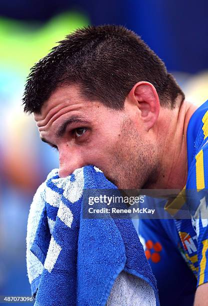 Dejected Eels hooker Isaac De Gois after his teams loss at the round 26 NRL match between the Parramatta Eels and the Canberra Raiders at Pirtek...
