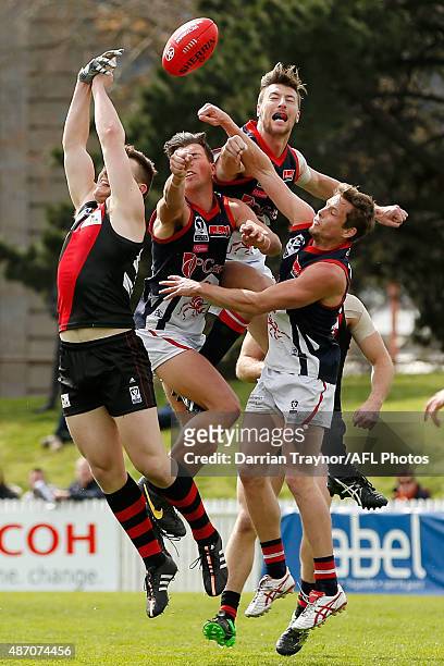 Jack Fitzpatrick of Casey spoils the ball during the VFL Elimination Final match between the Essendon Bombers and the Casey Scorpions on September 6,...
