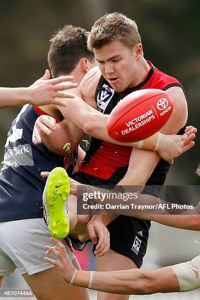 Jordan Schroder of Essendon gets a kick away during the VFL Elimination Final match between the Essendon Bombers and the Casey Scorpions on September...