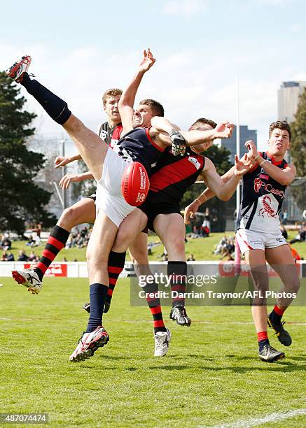 Mark Jamar of Casey attempts to mark the ball during the VFL Elimination Final match between the Essendon Bombers and the Casey Scorpions on...