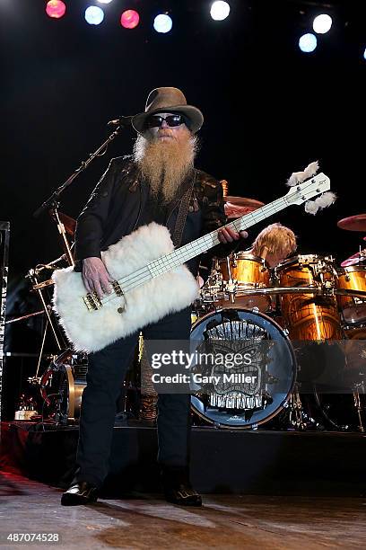 Dusty Hill and Frank Beard of ZZ Top perform at the Fayette County Fairgrounds on September 5, 2015 in La Grange, Texas.