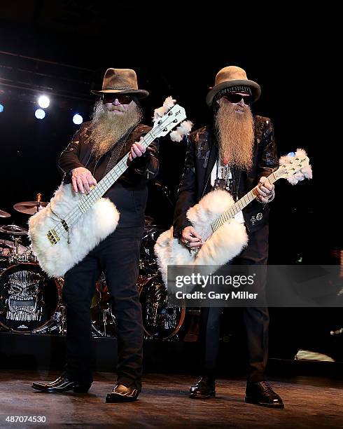 Dusty Hill and Billy Gibbons of ZZ Top perform at the Fayette County Fairgrounds on September 5, 2015 in La Grange, Texas.