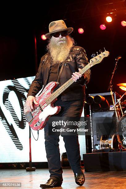 Dusty Hill of ZZ Top performs at the Fayette County Fairgrounds on September 5, 2015 in La Grange, Texas.