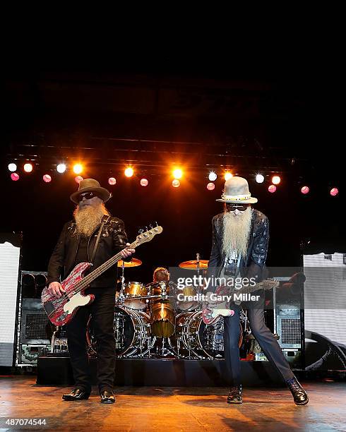 Dusty Hill, Frank Beard and Billy Gibbons of ZZ Top perform at the Fayette County Fairgrounds on September 5, 2015 in La Grange, Texas.