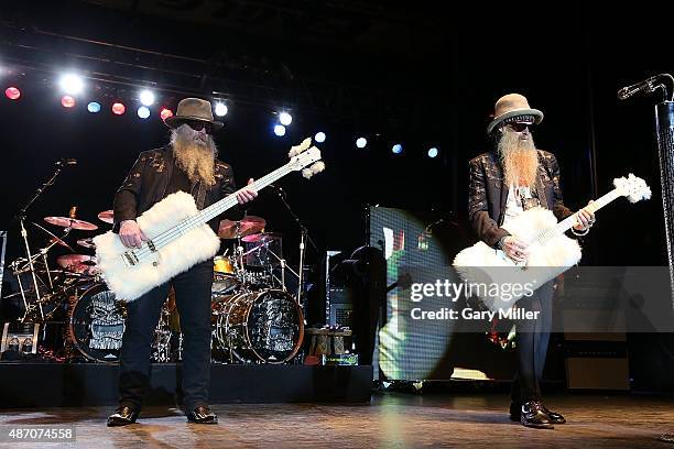 Dusty Hill and Billy Gibbons of ZZ Top perform at the Fayette County Fairgrounds on September 5, 2015 in La Grange, Texas.