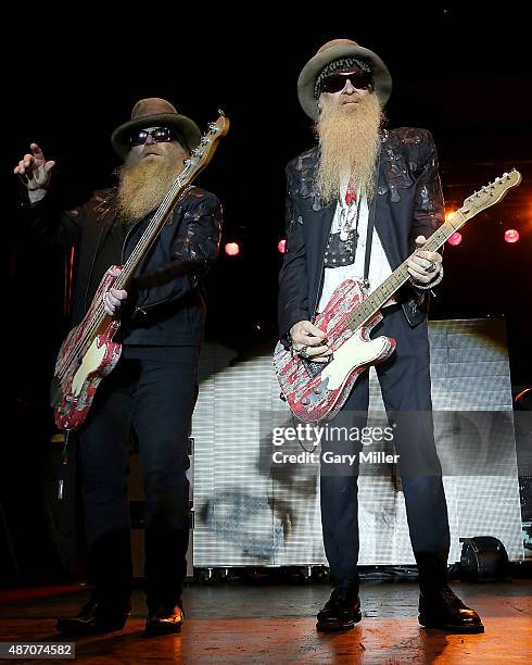 Dusty Hill and Billy Gibbons of ZZ Top perform at the Fayette County Fairgrounds on September 5, 2015 in La Grange, Texas.