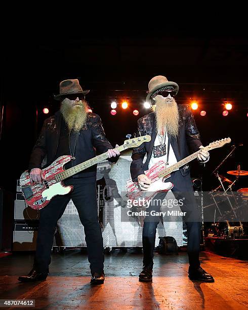Dusty Hill and Billy Gibbons of ZZ Top perform at the Fayette County Fairgrounds on September 5, 2015 in La Grange, Texas.