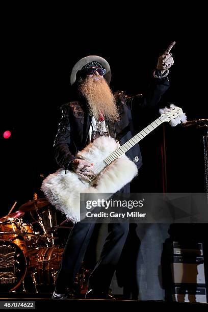 Billy Gibbons of ZZ Top performs at the Fayette County Fairgrounds on September 5, 2015 in La Grange, Texas.